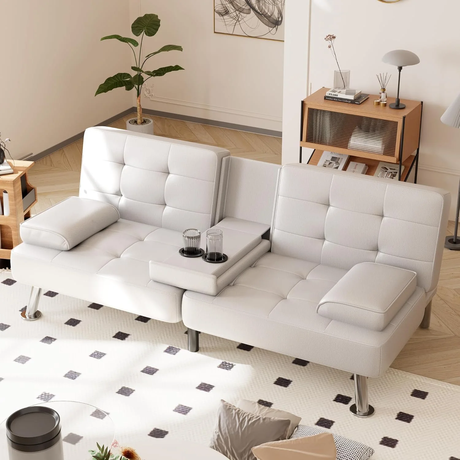 c4b449a311b8f471074a85e3350e5ee00efafa977d14a014c0e459b8aaf5f313 Shahoo Convertible Folding Futon Sofa Bed Sleeper Couch for Living Room Faux Leather(White)