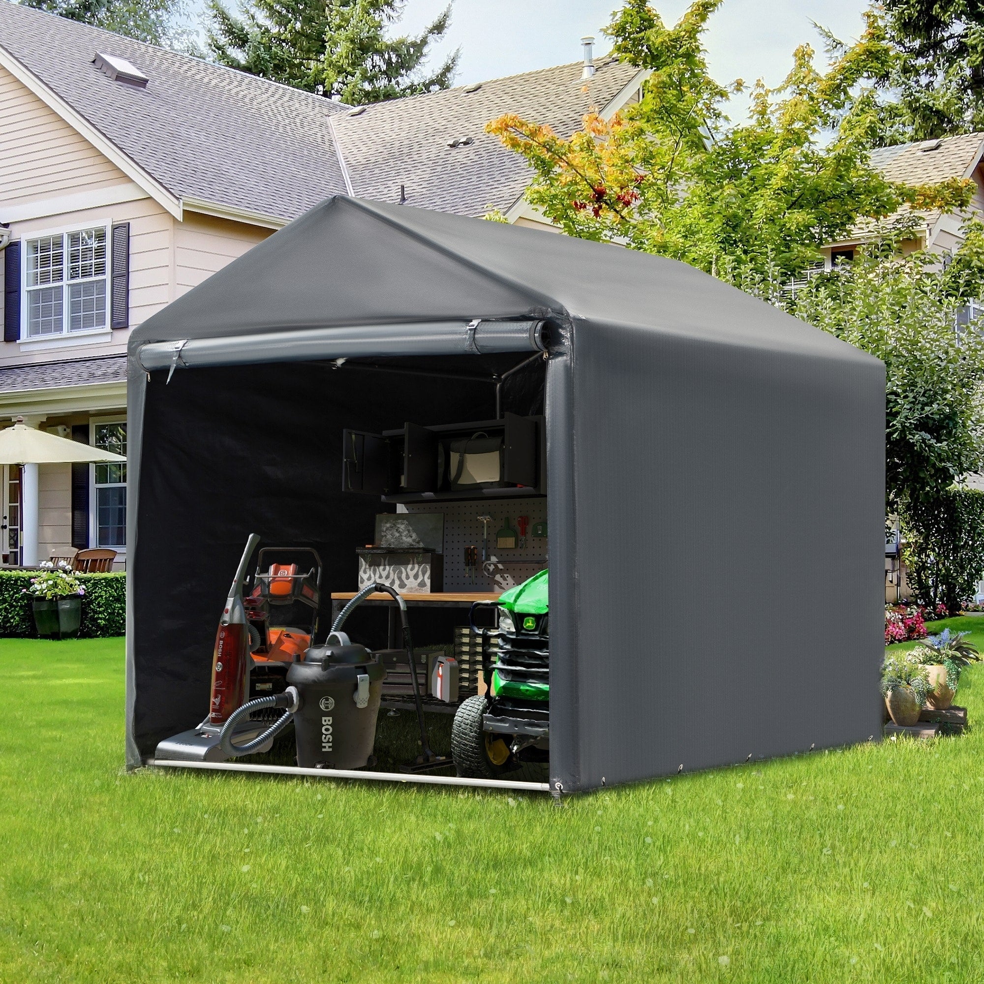 c4eeb85773bb3f93bc99ae7068813d258e834cfa8f0ac36dbb544d748bd8e3b9 Outdoor Storage Shed and Carport Canopy: Portable Shelter for Bikes, Motorcycles, and Garden Storage(5' x 7.2'/Dark Grey)