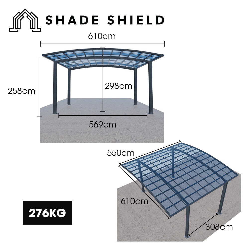 c5247e2929f9e953777958ad3231bac81689fed4be7dc7061d4b6bfea831a7a6 SHADE SHIELD Arched Double Carport 6.0m x 5.5m x 2.98m, Aluminium Alloy Frame, Polycarbonate Roof, Shelter for Car or Outdoor Living(Default Title)