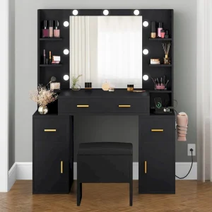 Vanity with Built-In Outlets and Lighted Mirror, 55.1H x 43.3L x 15.74W(White)
