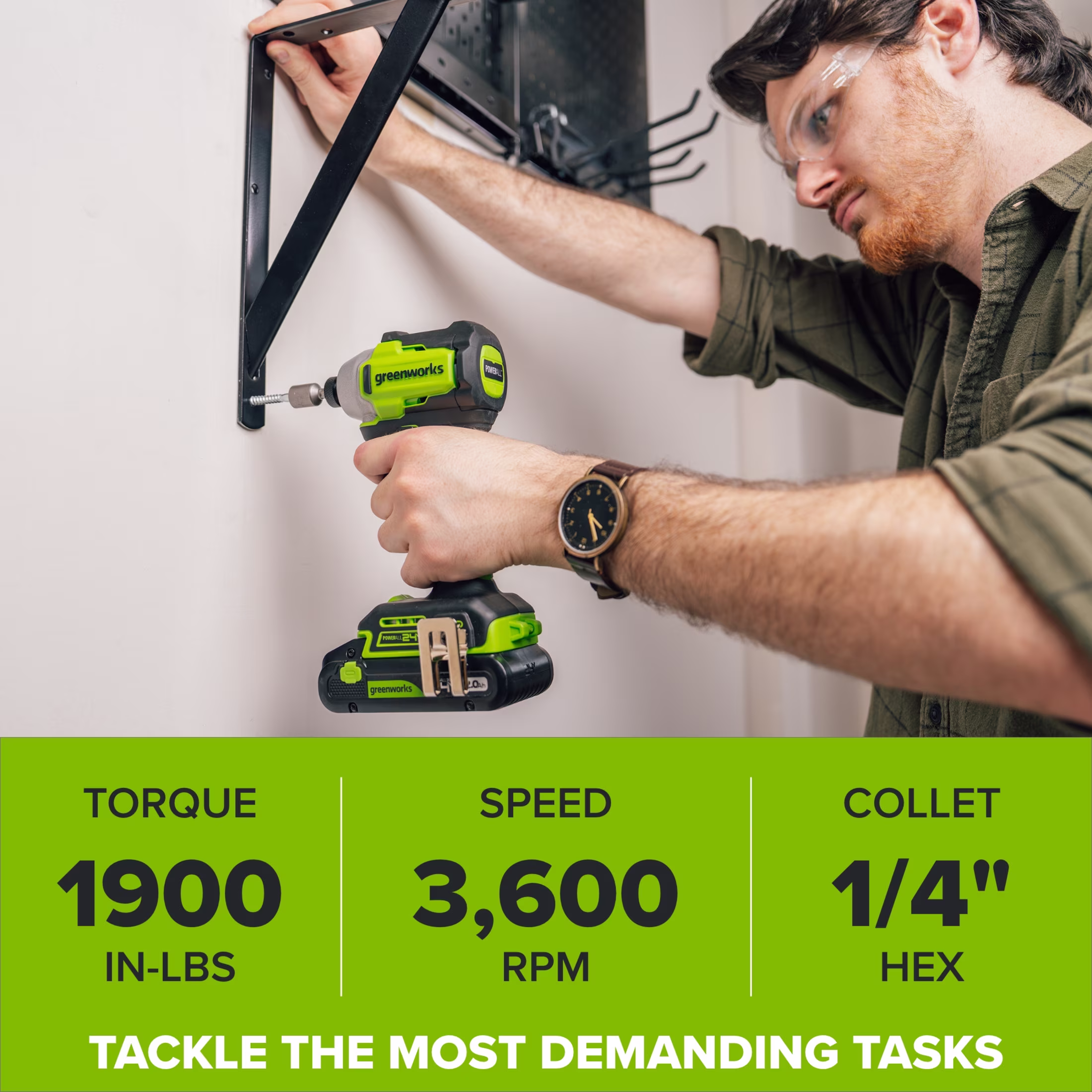 Greenworks PowerAll 24V Brushless 1,900 In-Lb Impact Driver, with 2.0 Ah USB-C Battery, 30W USB-C Charger Block, 3' 100W USB-C Cable, ID3200A1