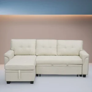 Reversible Sectional Sofa with Pull-Out Sleeper Bed, Hidden Storage Chaise, Durable Legs,(Black,Air Leather)