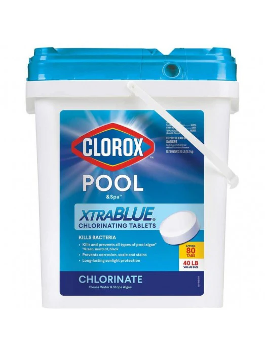 c6d7ccfb89c51da23eef5e34becfe60c23b85c567e14e4d35122400fbc529b6b Clorox Xtra Blue 40 Pound 80 Tab Pool and Spa 3 Inch Long Lasting Chlorinating Tablets