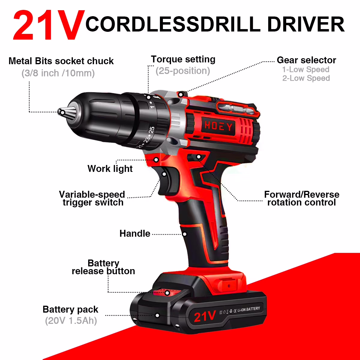 c75f9fa835830b7d08fd488d31962a8d22a9388f2313b1e4990ce9b1ebfdca85 21V Cordless Drill Set,Electric Power Drill 34Pcs with 3/8 Inch Keyless Chuck, 25 3 Clutch Compact Driver Drill with Work Light, Max torque 45Nm, 2-Variable Speed & Battery and Fast Charger