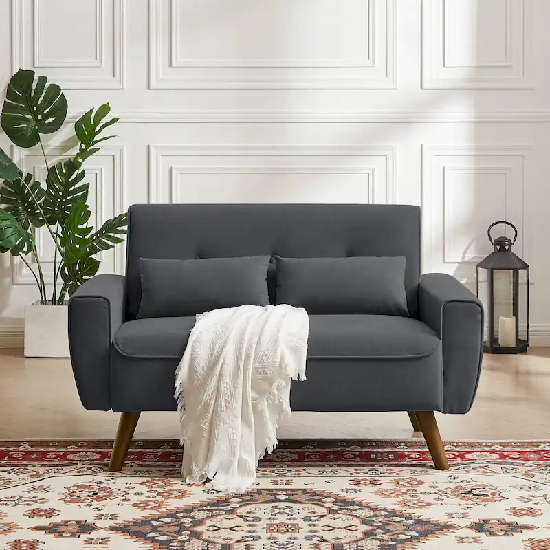 c766db60f6dee8af64c3a2477a05016f7a0b15fe10f900878941b7b450d395df 48.82 Small Tufted Loveseat Sofa with 2 Pillows and Tapered Wood Legs(Dark Grey)