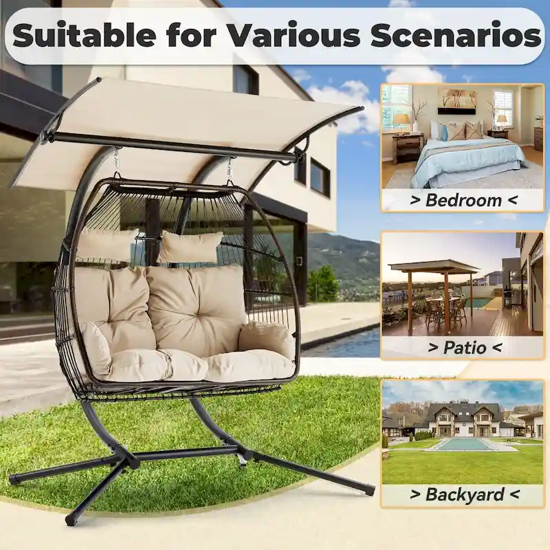 c78861e993325c56ed460d0da9509de055d87b5cf4423069dedc8f23c5f36e8b Outdoor Swing Loveseat with Stand, Foldable Hanging Chair, Hammock Cushion, and Awning, Double Egg Chair - Beige(Beige)