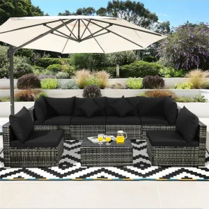 7 Pcs Rattan Patio Sectional Couch Set Outdoor Wicker Furniture Set with Cushions  Coffee Table(Black)