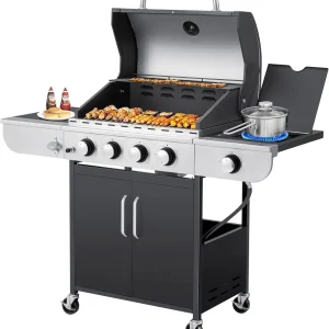Upgraded 4 Burner BBQ Propane Gas Grill with Cast Iron Grates  Side Stove, 44,000 BTU Stainless Steel Burner Barbecue Grill for Patio, Camping, Outdoor Cooking MELLCOM(4+1 Burner)