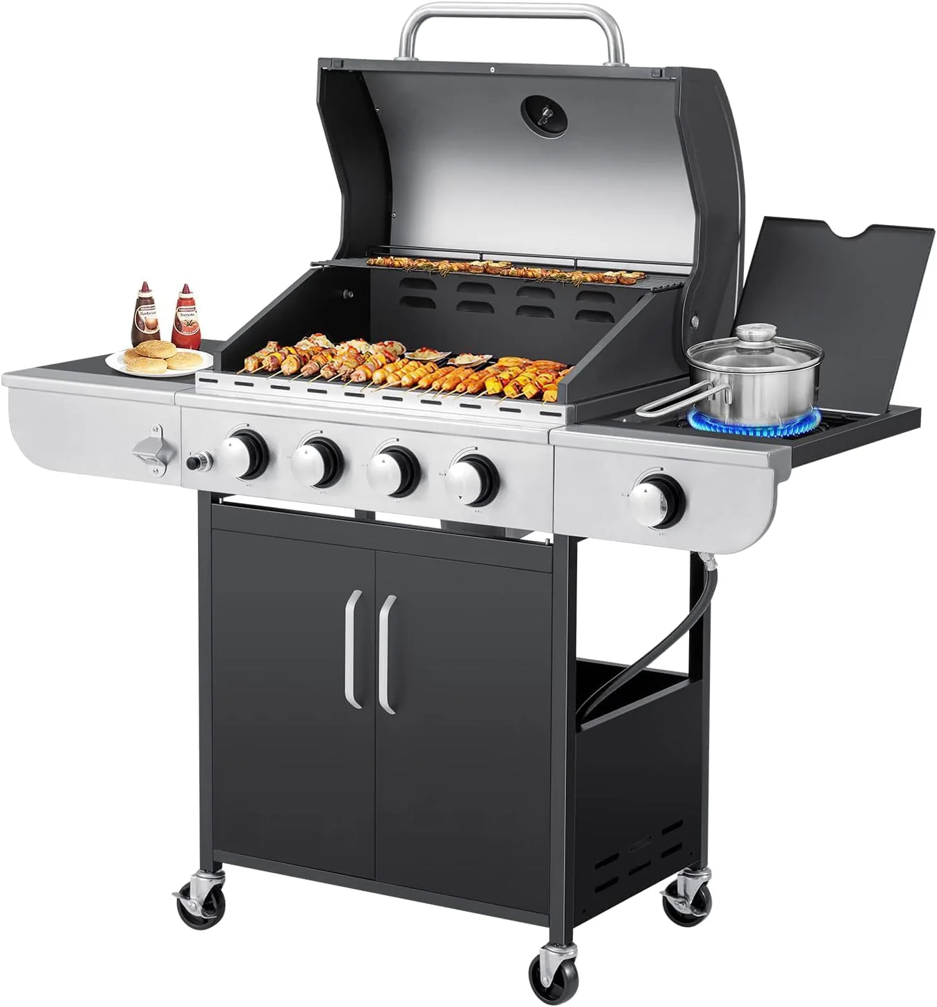 c9530ec7ad0bf1be58c29f4c245223fe078352204dc18010127dbbd0188ad4a3 Upgraded 4 Burner BBQ Propane Gas Grill with Cast Iron Grates Side Stove, 44,000 BTU Stainless Steel Burner Barbecue Grill for Patio, Camping, Outdoor Cooking MELLCOM(4+1 Burner)