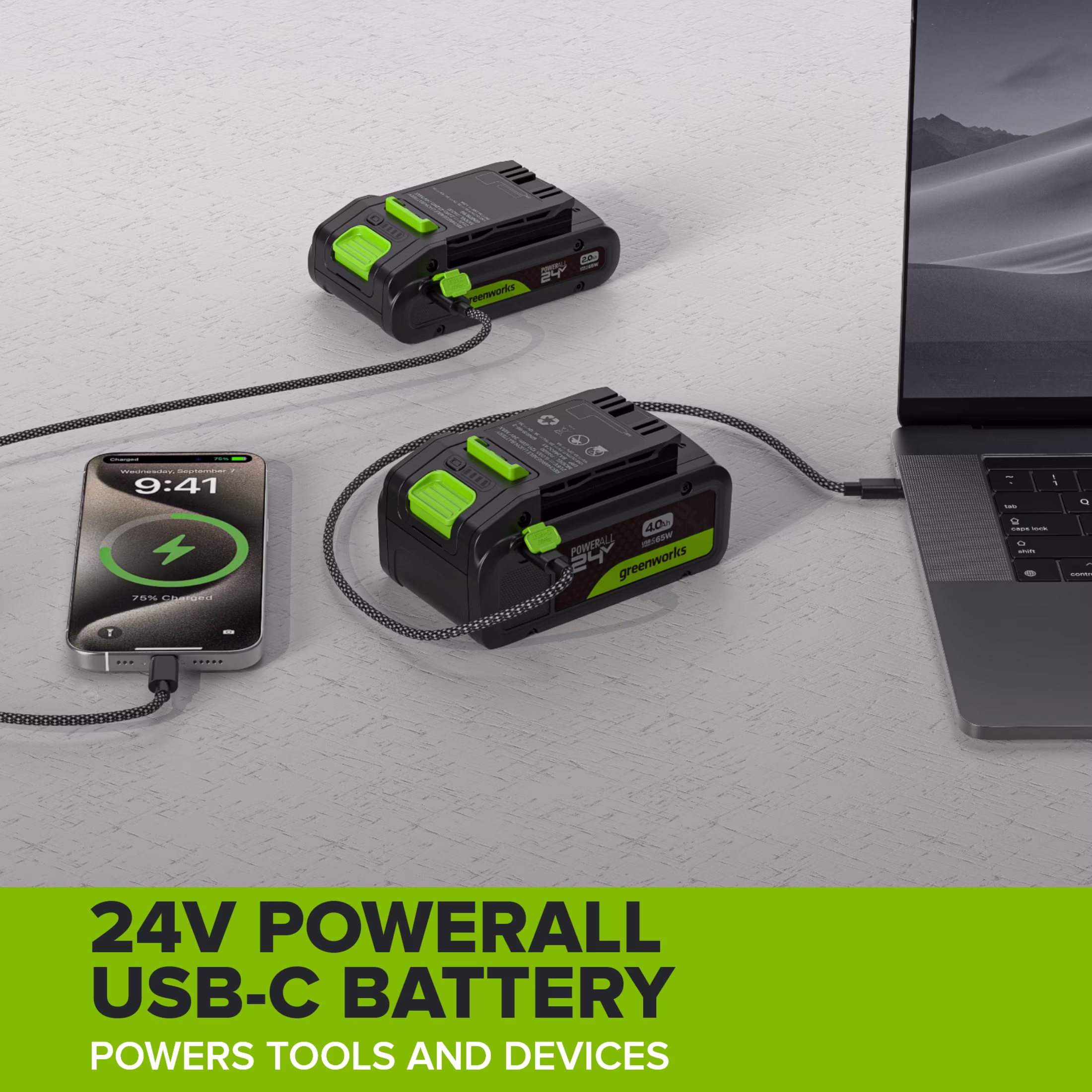 c9d1d9fd2552a5df4566446a2687ed2e121a356271612fda92b08f00332d22b3 Greenworks PowerAll 24V Battery 2-Pack with 2.0 Ah Batteries with Cable, K2D4NNAA3
