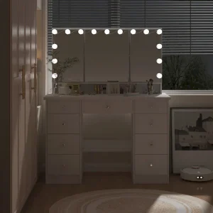 Luxurious LED Makeup Vanity with 9 Drawers Elegant Makeup Station(White)