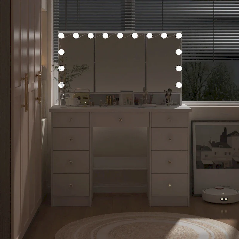c9d50721db0ed1c2236543ce652564c427cf27fa50dc07a240a037f7d02763b3 Luxurious LED Makeup Vanity with 9 Drawers Elegant Makeup Station(White)