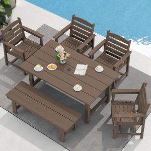 SERWALL Outdoor HDPE Dining Table Set 7 Piece Outdoor Dining Table Sets(6-Piece (1 Table + 1 Bench + 4 Chairs)/Coffee)
