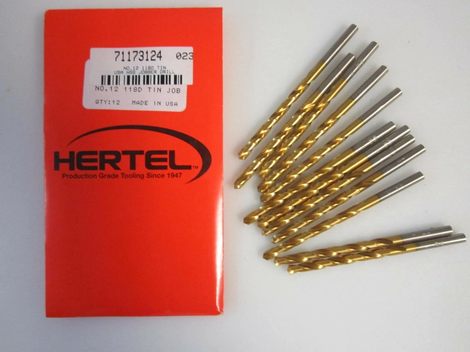 ca4ed7eb7d65d3c200b744f7bc836360a48bd72d1631ea0d6c4730532b1f9352 KLYNE - Lot Of 12 Jobber Length #12 Hss Tin 118 Degree Drill Bits New Usa