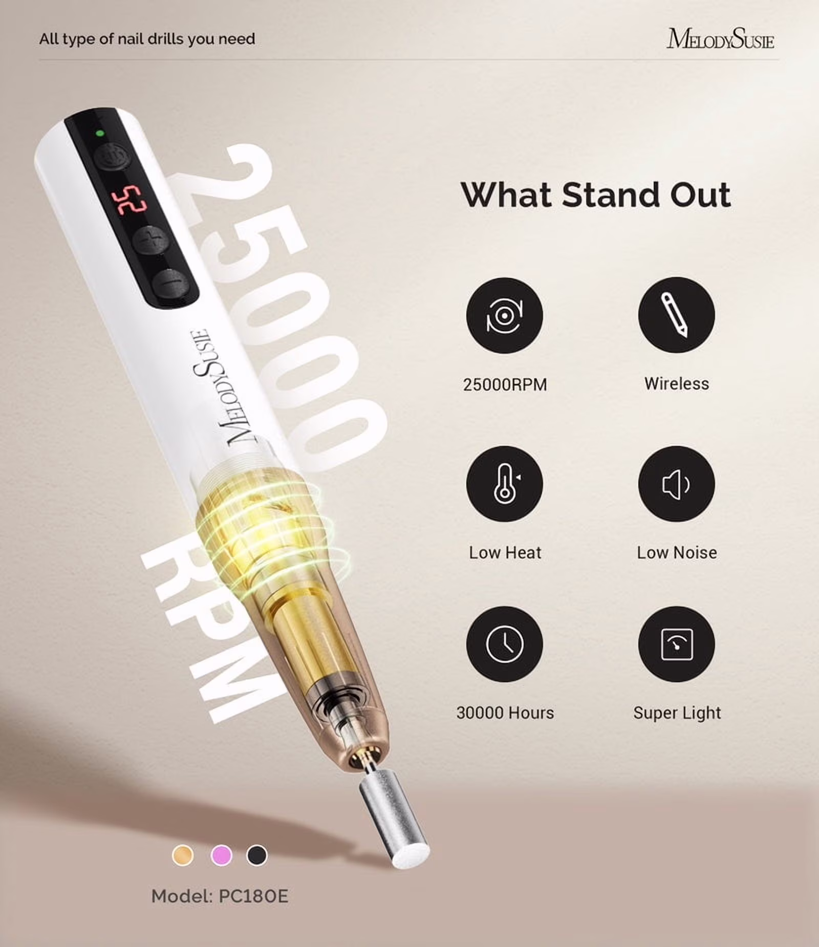 MelodySusie PC180E Cordless Rechargeable Nail Drill
