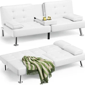 Homall Futon Sofa Bed Leather Futon Couch Removable Armrests Adjustable Recliner Sofa Bed(White)