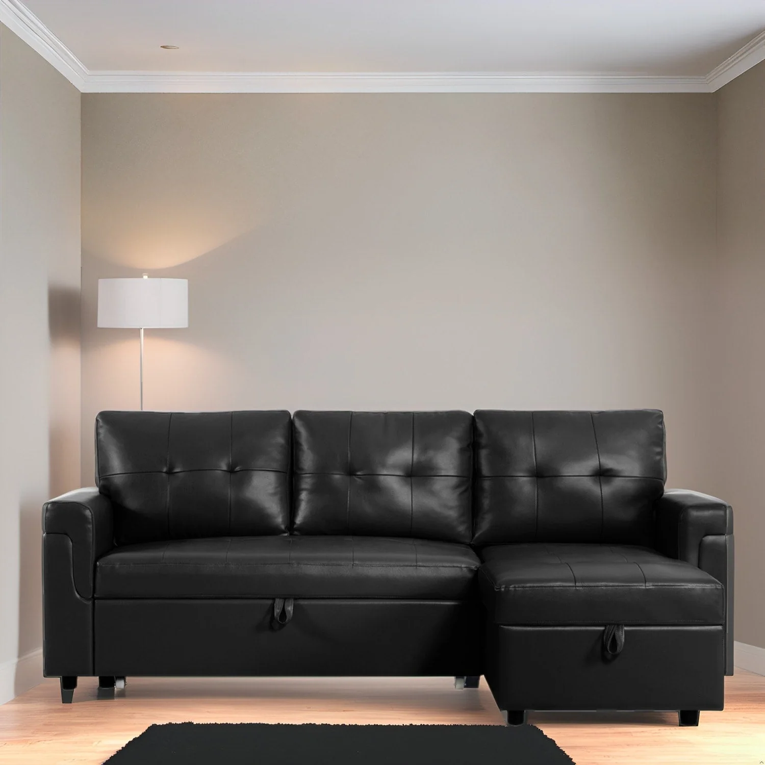 cb3d95f12bf109518763619c22ee564f59e6c58c5a651b8286912cc2e85fc94f Reversible Sectional Sofa with Pull-Out Sleeper Bed, Hidden Storage Chaise, Durable Legs,(Black,Air Leather)