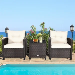 3 Pcs Rattan Patio Conversation Set Outdoor Wicker Sofa Set with Washable Cushions  Coffee Table(White)