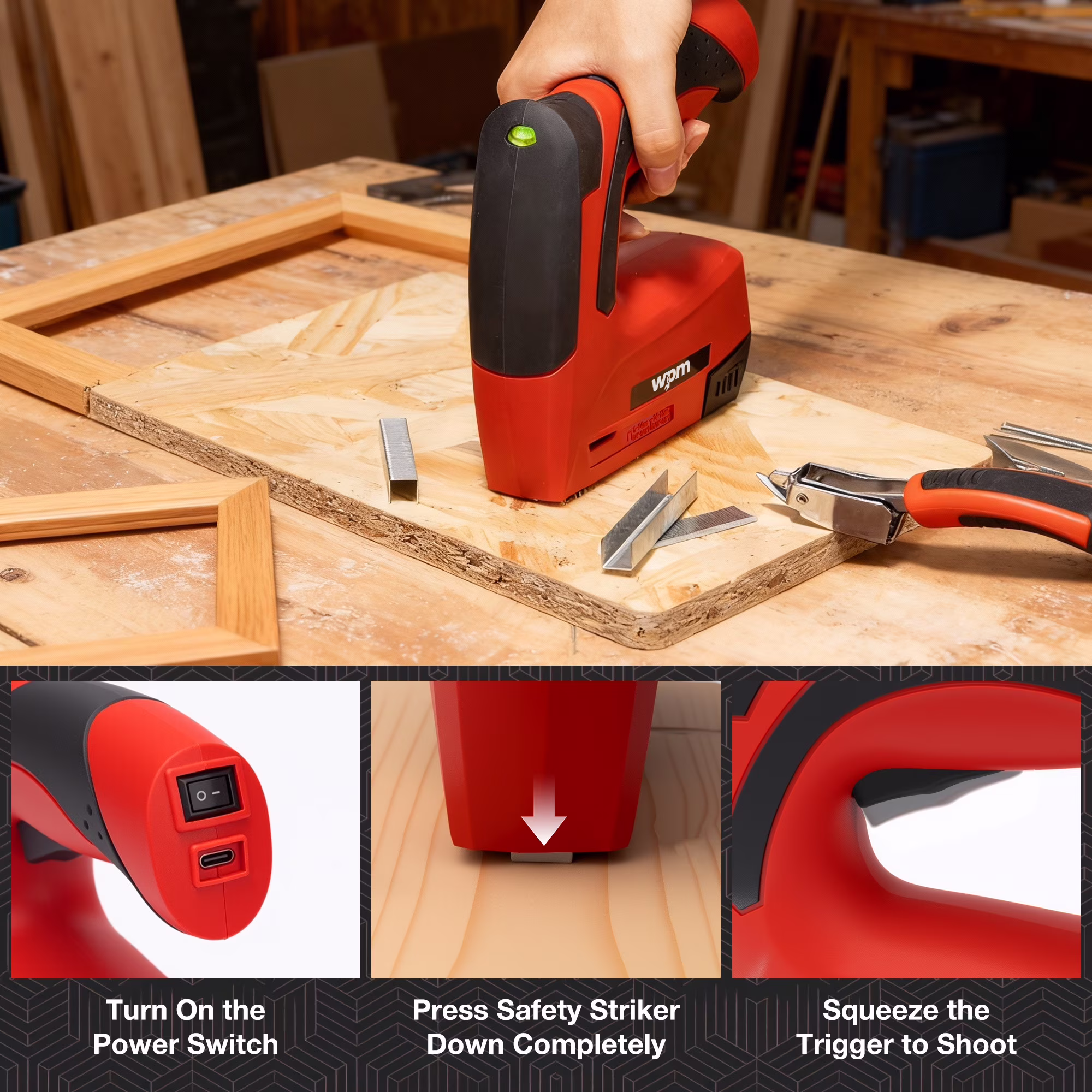 cc69877496ac09980ab0a2c18d00816c77212a5f0c3f83d30ba02e711d4a8bec WPM Electric Staple Gun, 3 in 1 Cordless Staple Gun for Wood, 4V Rechargeable Staple Gun Kit w/ 1500 Staples Nails, Staple Remover & Fast Charger for Crafts, DIY, Decoration