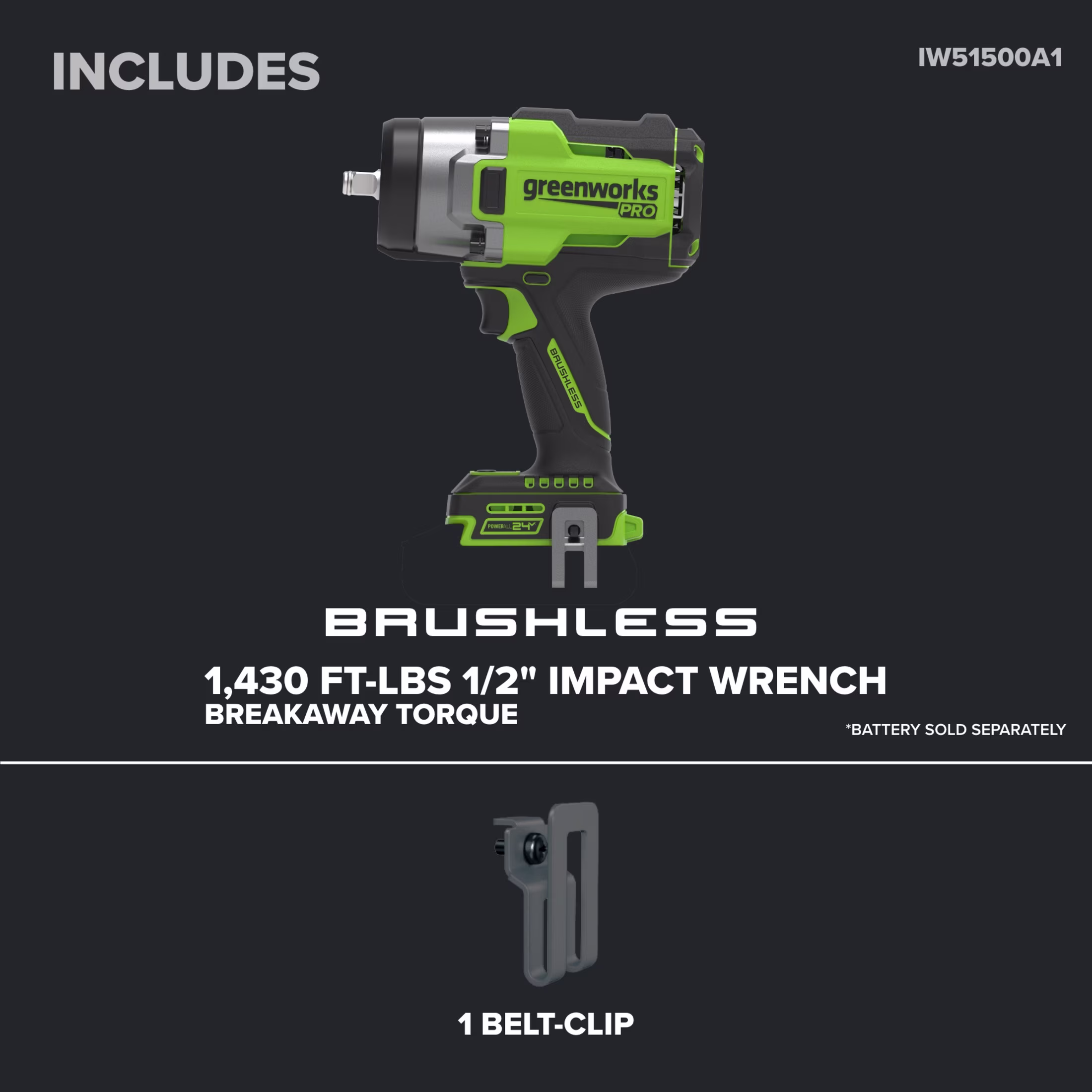 ccee4614bcac66161ed4f9c2fd66d8de48f22602a176d98f831b5005ac385524 Greenworks Pro PowerAll 24V Brushless 1,430 ft-lb Breakaway Torque 1/2" Impact Wrench, Tool Only, IW51500A1