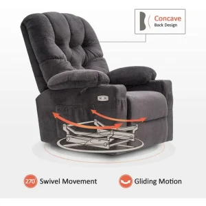 Electric Power Swivel Glider Recliner Chair with Cup Holders and USB Ports, Fabric, Single Seat(Grey)
