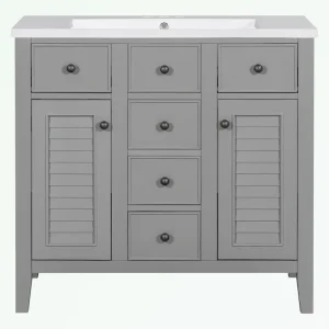 Bathroom Vanity with Ceramic Basin, Two Cabinets and Five Drawers(Grey)