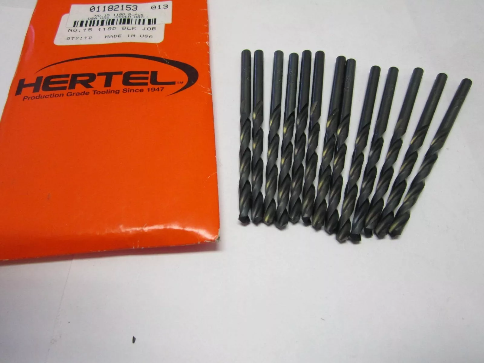 cdbf3de3ec0536070f3e388ee9567218307711ef1971b21b9718501d3e142483 KLYNE - Lot Of 13 #15 High Speed Jobber Drill Bits, 118 Degree Oxide Straight Spiral