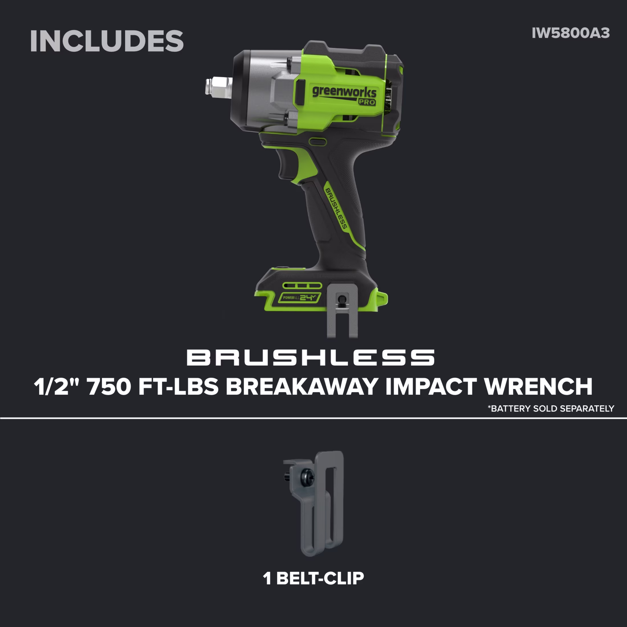ce0058eae17a9b8faa82a0c5755ca6af3fbef44c69635130b0a5b096ca9bfe16 Greenworks Pro PowerAll 24V Brushless 1/2" 750 lbs Breaking Impact Wrench, Tool Only, IW5800A3