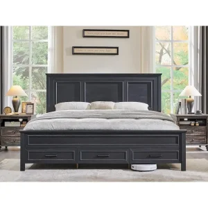 Farmhouse King Wood Bed Frame with Headboard, Platform Bedframe(Black)