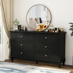 Dresser for Bedroom with Deep Drawers Wooden 6 Drawer Double Dresser(Black)