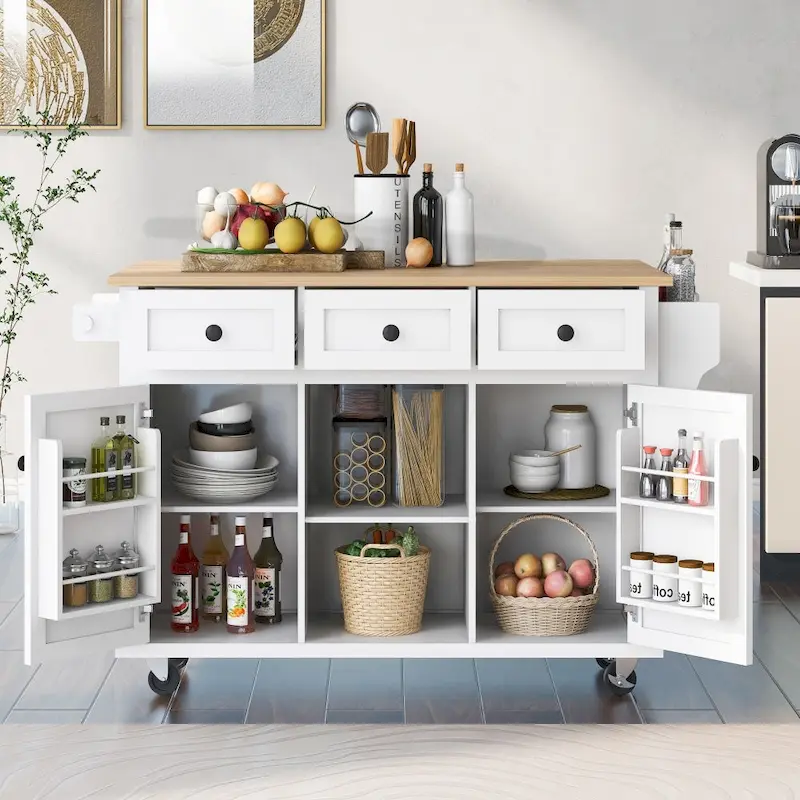 cf78bb87a0b0579f8db7fecc83f623b5c296e274f30df5a5eeb1b631ed7f7d0b Kitchen Island on 5 Wheels with Storage Cabinet and 3 Drawers(White)