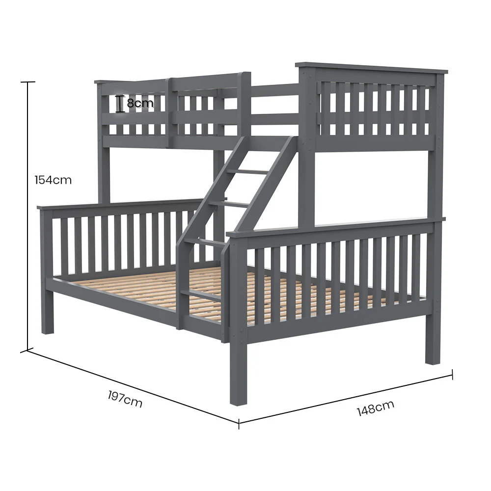 cfb216c98c595d3c2cdc883721771202e47036045b7daf7d61920514c56133a1 Kingston Slumber Bunk Bed Triple Wooden Single Over Double Beds for Kids, Solid Pine Wood, Convertible Design, Grey