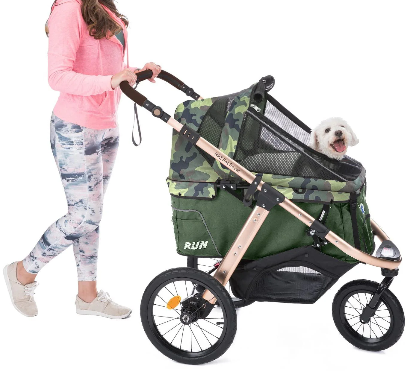 cfd7396a8b3cd284f168764ed2062dffed4838c6bcabe3f520b2118734a40554 Jogging Sports Stroller with Comfort Rubber Wheels/Zipper-Less Entry/1-Hand Quick Fold/Aluminum Frame for Small/Medium Dogs, Cats and Pets (Green Camo)(Green)