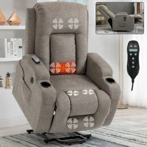 Lazy Boy Power Lift Recliner Chair, Modern Single Motor Massage Sofa Chair with Lumbar Heating, USB Charging Port, Cup Holders(Brown)