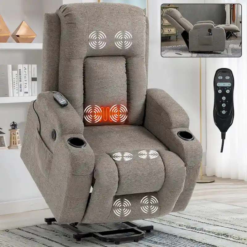 d05929697785efc6ccd9983c077aedeca9283c56de8df631dc2e4e8ac89e71bf Lazy Boy Power Lift Recliner Chair, Modern Single Motor Massage Sofa Chair with Lumbar Heating, USB Charging Port, Cup Holders(Brown)