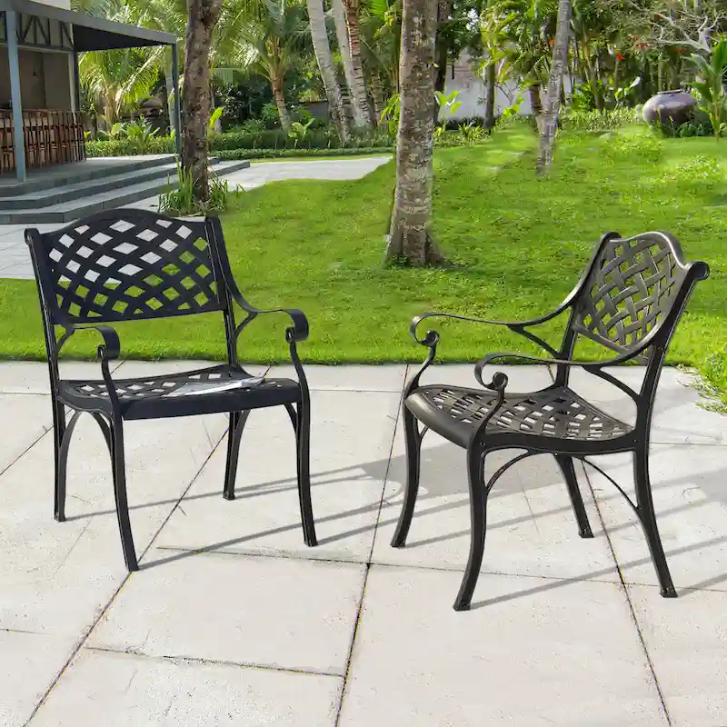 d1c934f26484a41dce8c716578e81fe192e33aafa0a4b3e5d9afe69e5f659052 Outdoor 2 Piece Cast Aluminum Bistro Chairs(Black With Gold-painted Edge)