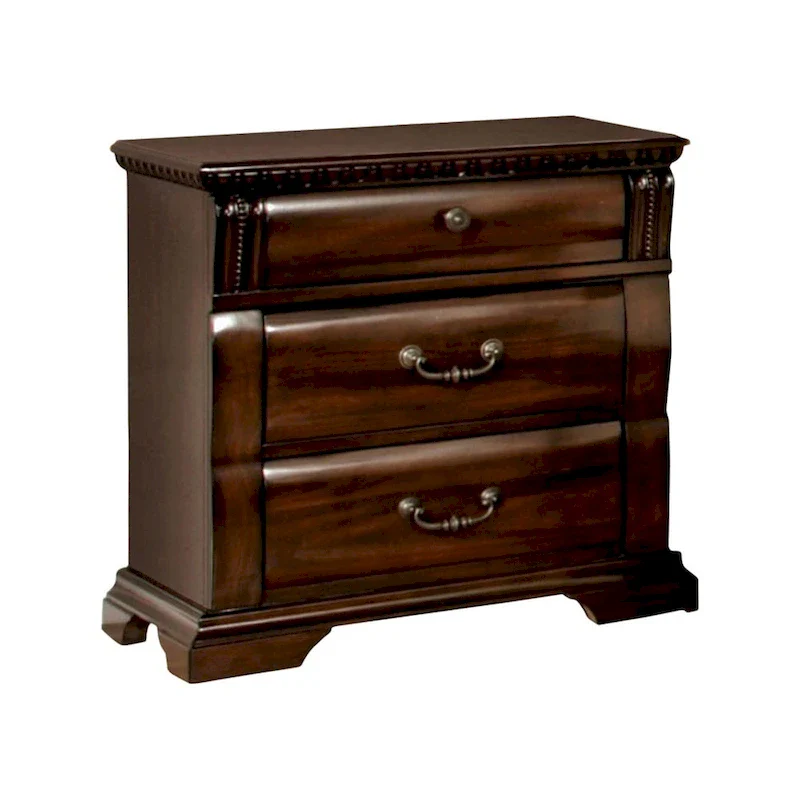 d30c522acbbf64f88cb75bd318fe3cb42bededae4d678d51fc973df7fcc6cf9b 3 Drawer Wooden Nightstand with Metal Handles and Carved Details, Brown(3-DRAWER)