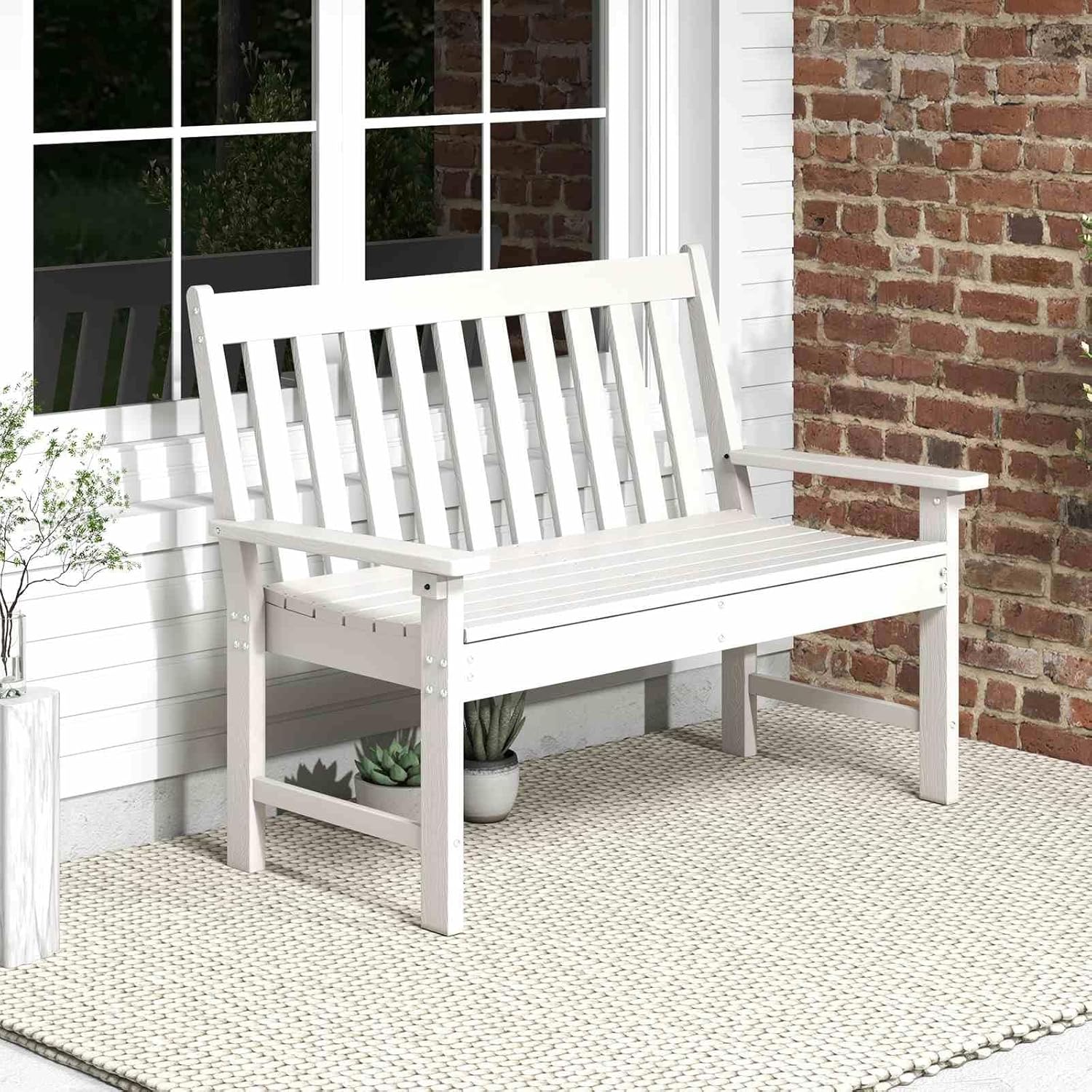 d42d82d9d66628f79033ffb096467a9744c0d81d663a651bebceb2a39730a158 Outdoor 2-Person Bench, All-Weather HDPE Patio Loveseat Chair w/Cozy Backrest(White)
