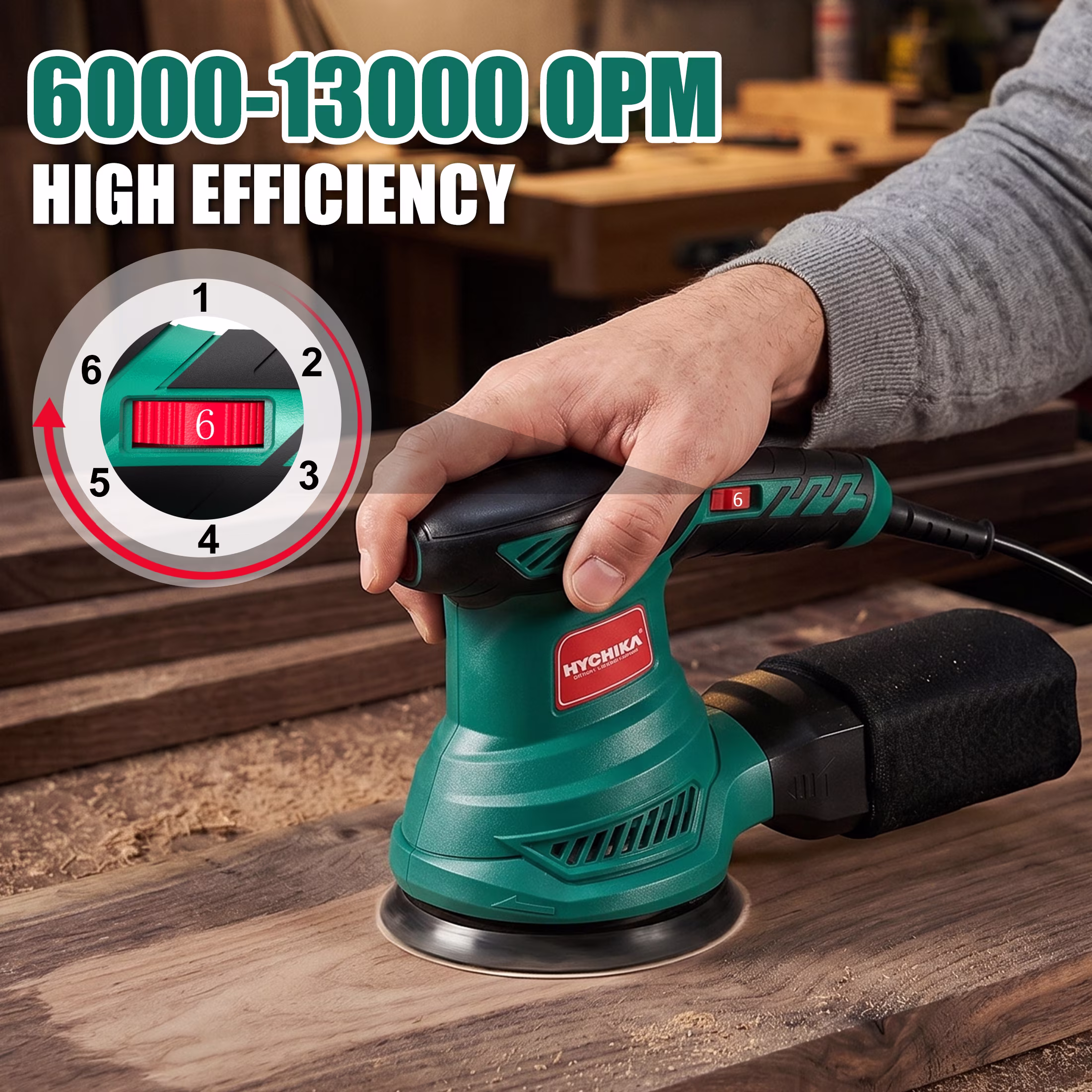 d438cba7adfb89c6ea367364a7bcefe15bd15fdde84c8384d89a49ad009af9bd HYCHIKA 5-inch Random Orbital Sander, 13000 RPM 6-Speed with 12 Sandpapers & High Performance Dust Collection System for Wood Finishing and Polishing