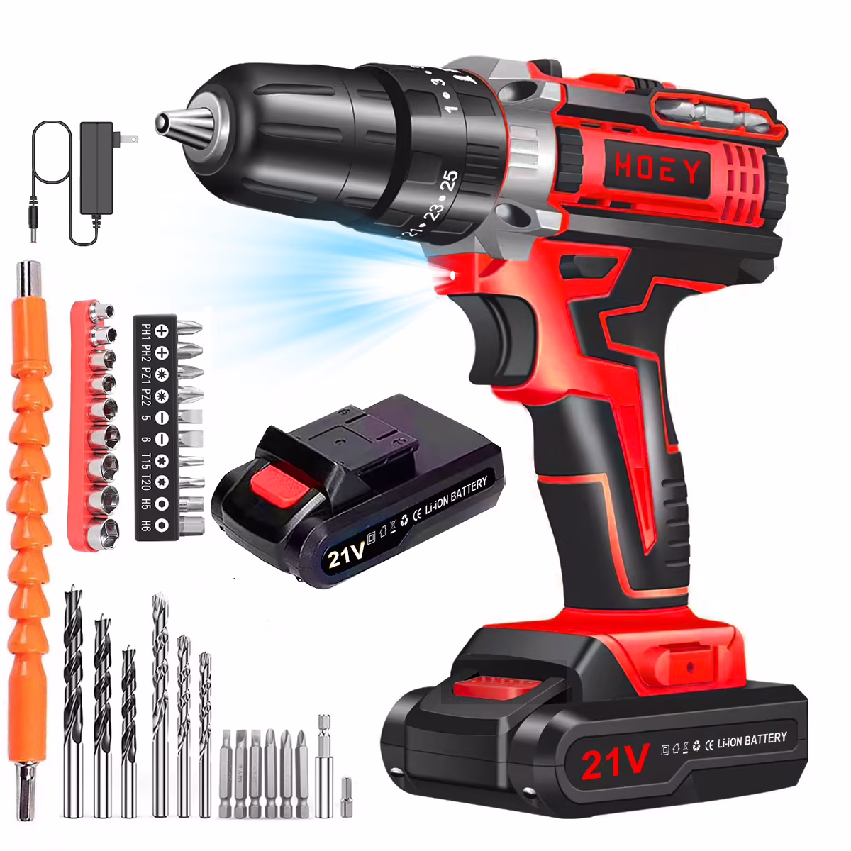 d560a4f76da6b044cd1fc0f7f0533a0ecc9397202da5bb4fa069614d52288e3f 21V Cordless Drill Set,Electric Power Drill 34Pcs with 3/8 Inch Keyless Chuck, 25 3 Clutch Compact Driver Drill with Work Light, Max torque 45Nm, 2-Variable Speed & Battery and Fast Charger