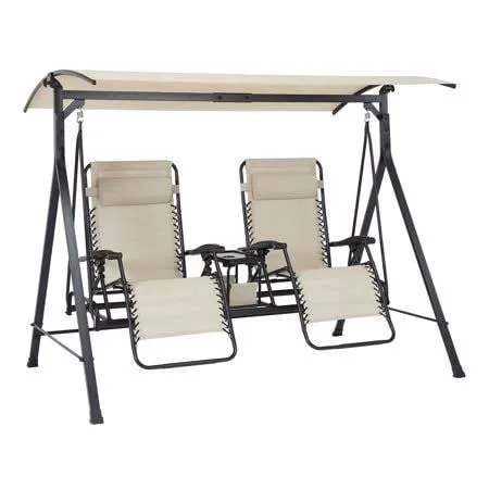 d63071563de9604b00f85c95bcd29fe906749f1ec4e4c40804ece3b6759fd7df Mainstays Zero-Gravity Steel Porch Swing - Beige/Black, Size: 90.55 inch x 58.27 inch x 72.44 inch