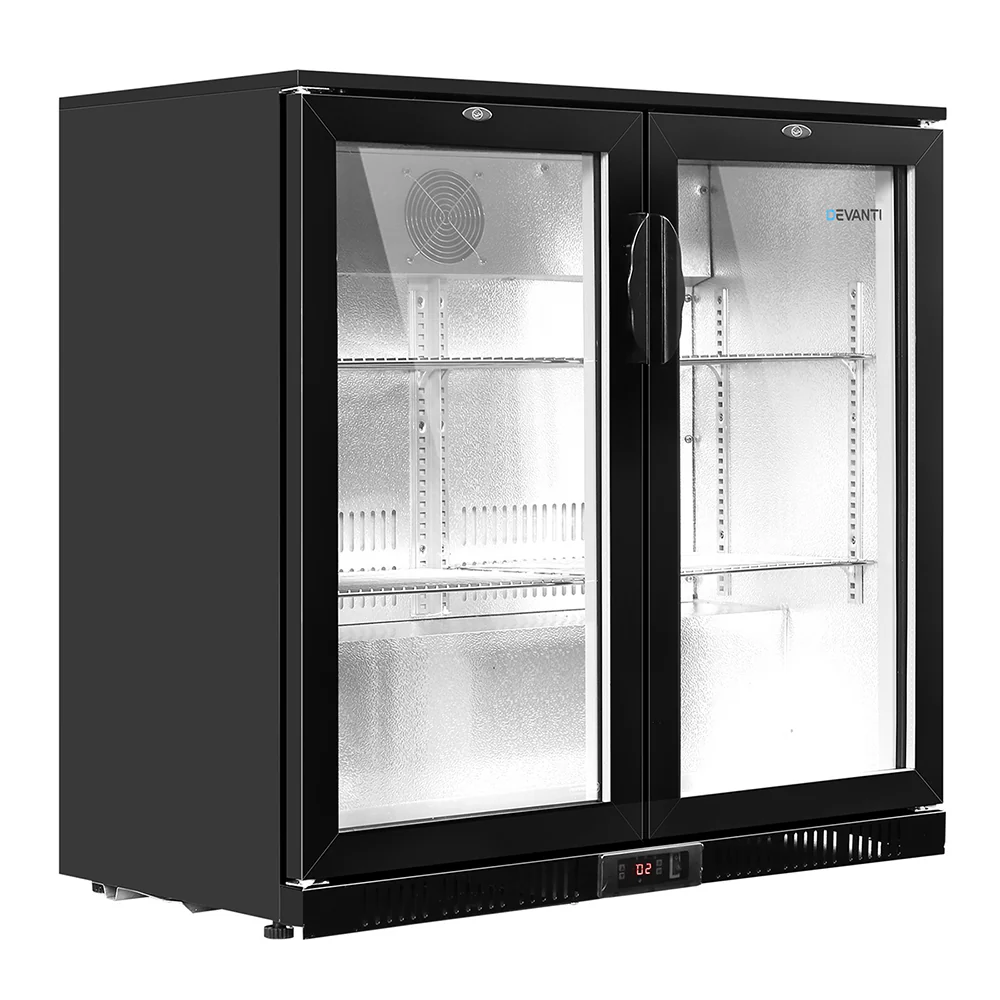 d6c46fbb61864e1d7397bb956ff61e56ca49107f9a8e98cf3267ad4019f6e96f Devanti 198L Bar Fridge Dual Glass Door w/Light Black