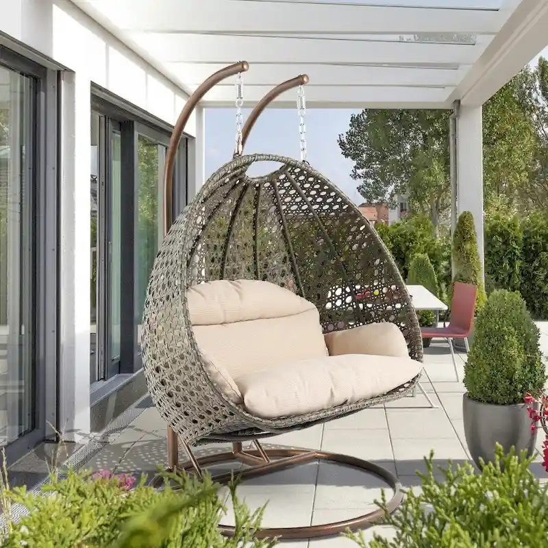 d725181dca8c472e86a32be6595e7580c9a200011e2f03692f4387e4fd83cfbf LeisureMod 2 Person Hanging Egg Chair with Stand - Outdoor/Indoor Rattan Wicker Patio Swing Hammock Lounger with Cushions(Beige)