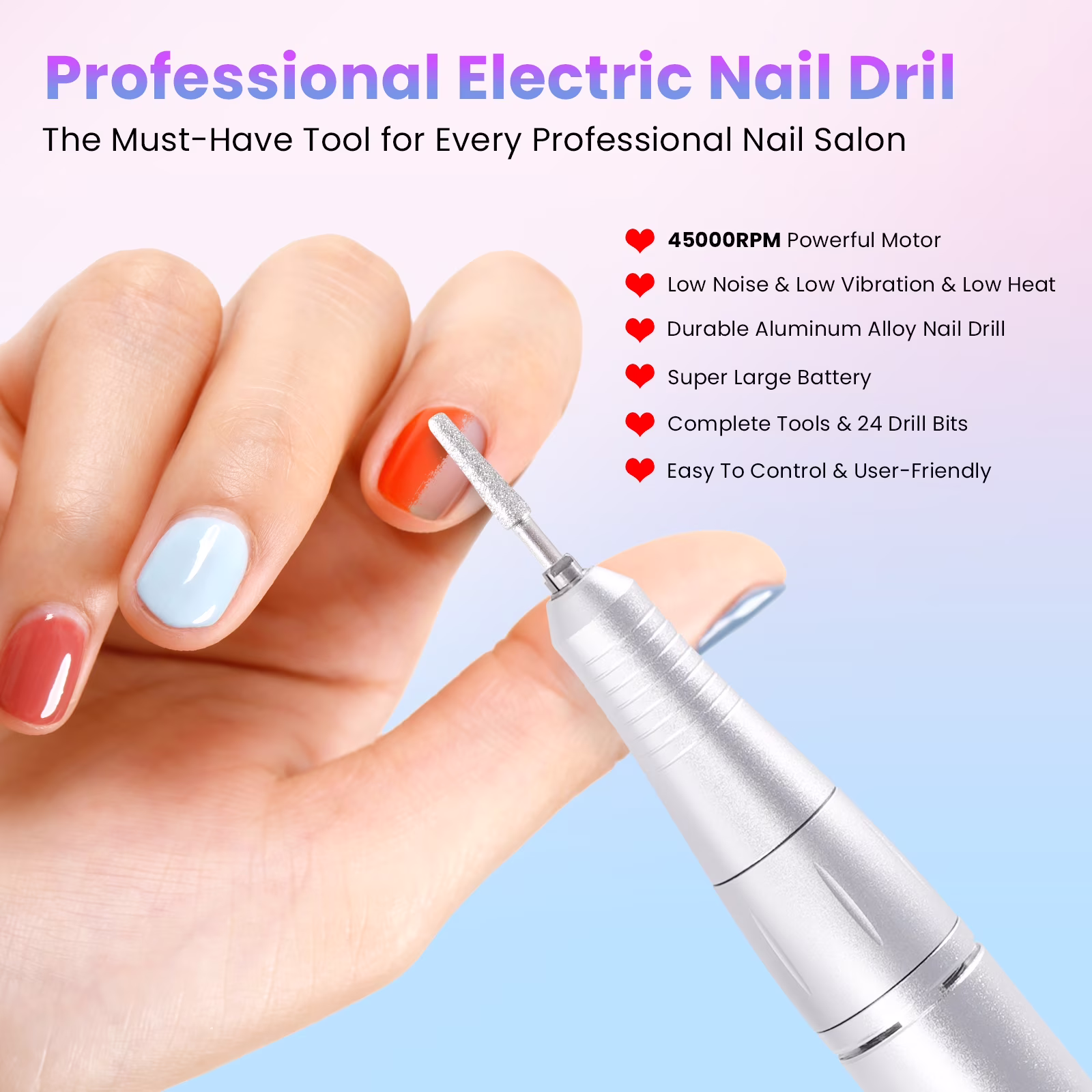 d7317f051db7bd9752fc3c107a622a65a48349713c060cad0d8fdc2831c42b6e FETERVIC Professional Nail Drill Kit 45000 RPM, Rechargeable Electric Nail File , Cordless E-File Machine with LCD Display & 24 Drill Bits for Acrylic, Gel Nails & Cuticle Care