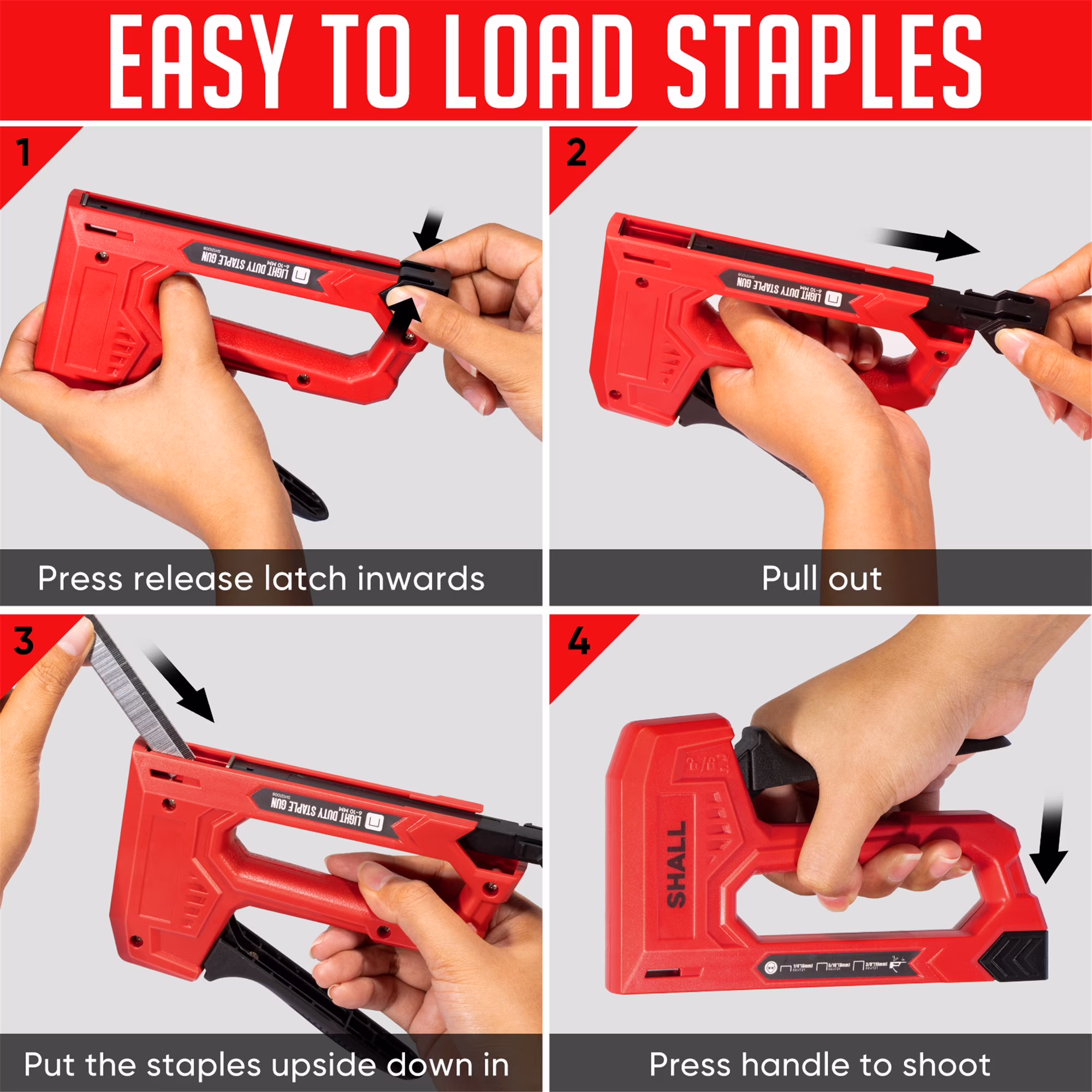 d84e9df9c3a5672f915b8f86fff20d57b91b96b2281f0eac2754370fd88d650f SHALL Light Duty Staple Gun for Wood - Red Upholstery Staple Gun with 1600pcs JT21 Staples 1/4, 5/16, 3/8 inch and Staple Remover - Fabric Stapler Gun for Crafts, DIY, Decoration