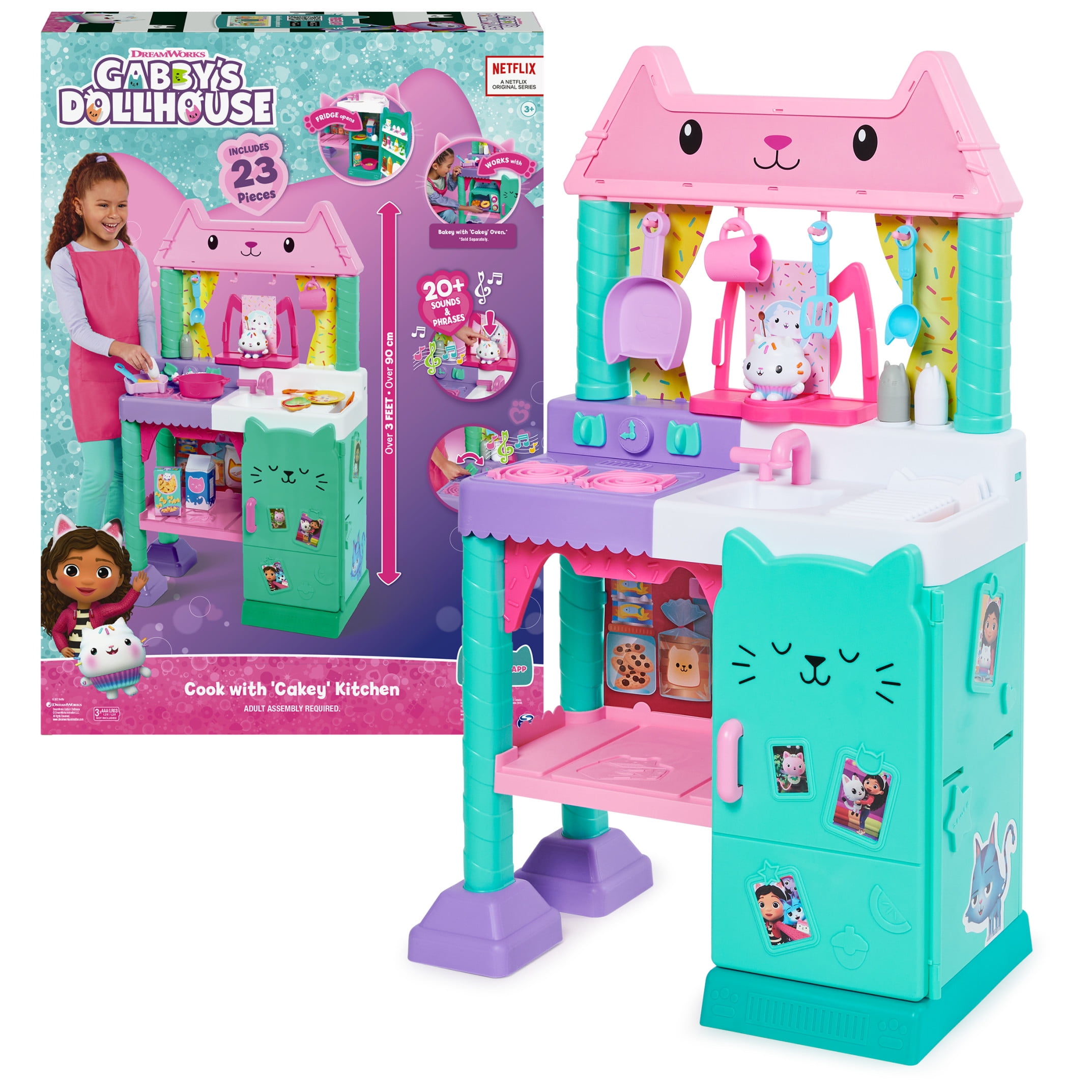 d89ea4b307eaedd219db4f7c211f08f19e00572c40c340fc019f5d50b5e07151 Gabby¡¯s Dollhouse Cakey Cat Kitchen Set for Kids, 3ft Tall Play Kitchen with Sounds Accessories