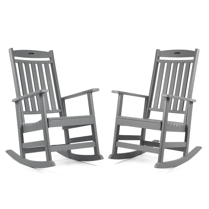 d917c3e4468aee5d9f6df495917cbdfa05d86ed215d25ef6218884435b254ca2 Vrakae All Weather Outdoor High Back Rocking Chair Set of 2(Grey)