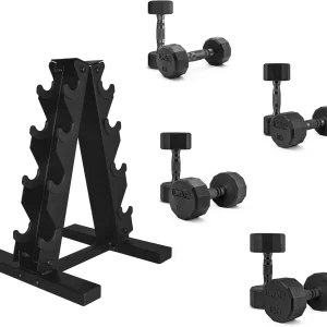 CAP Barbell Rubber Coated Dumbbell Weight Set with Vertical Rack | 100 lb, 150 lb, and 210 lb Options(100 lb - Set/12-Sided Black Handle)