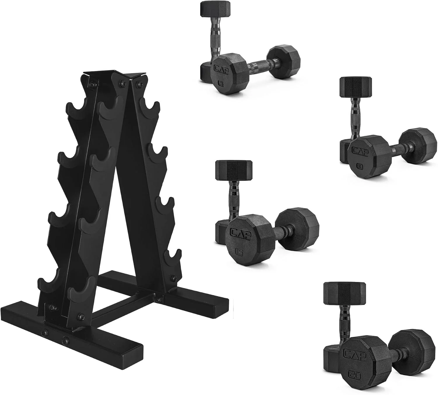 d920fb2c34910492cb0e68713c246155bf67f7389864daed346a710adf80b99d CAP Barbell Rubber Coated Dumbbell Weight Set with Vertical Rack | 100 lb, 150 lb, and 210 lb Options(100 lb - Set/12-Sided Black Handle)
