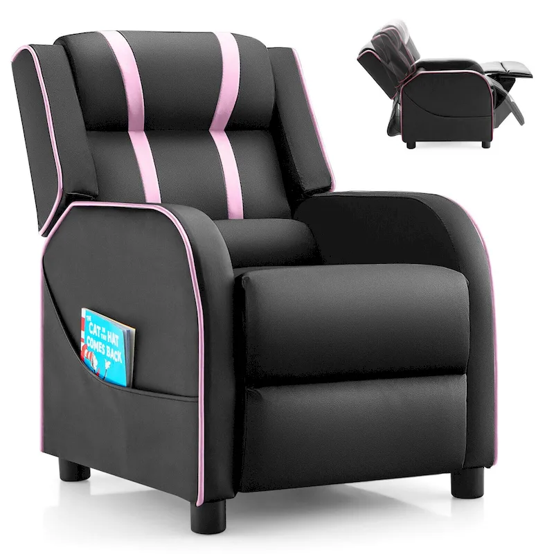 d97dc3b45e35defd5fbc7eb401a881b47767253425d16146eb729c691936312f Gymax Kids Recliner Chair Ergonomic Leather Sofa Armchair w/Footrest(Black + Pink)